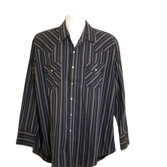 Plains Vintage Western Wear Shirt Mens XL Pearl Snap Black Blue Stripe LS - Picture 3 of 11